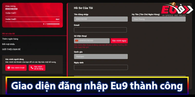 Giao diện đăng nhập Eu9 thành công