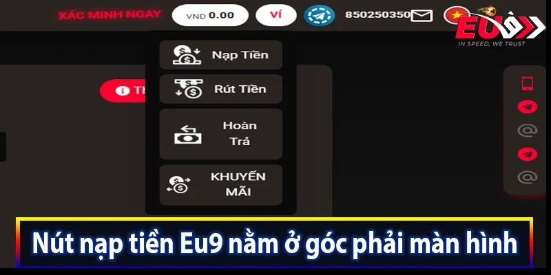 Nút nạp tiền Eu9 nằm ở góc phải màn hình